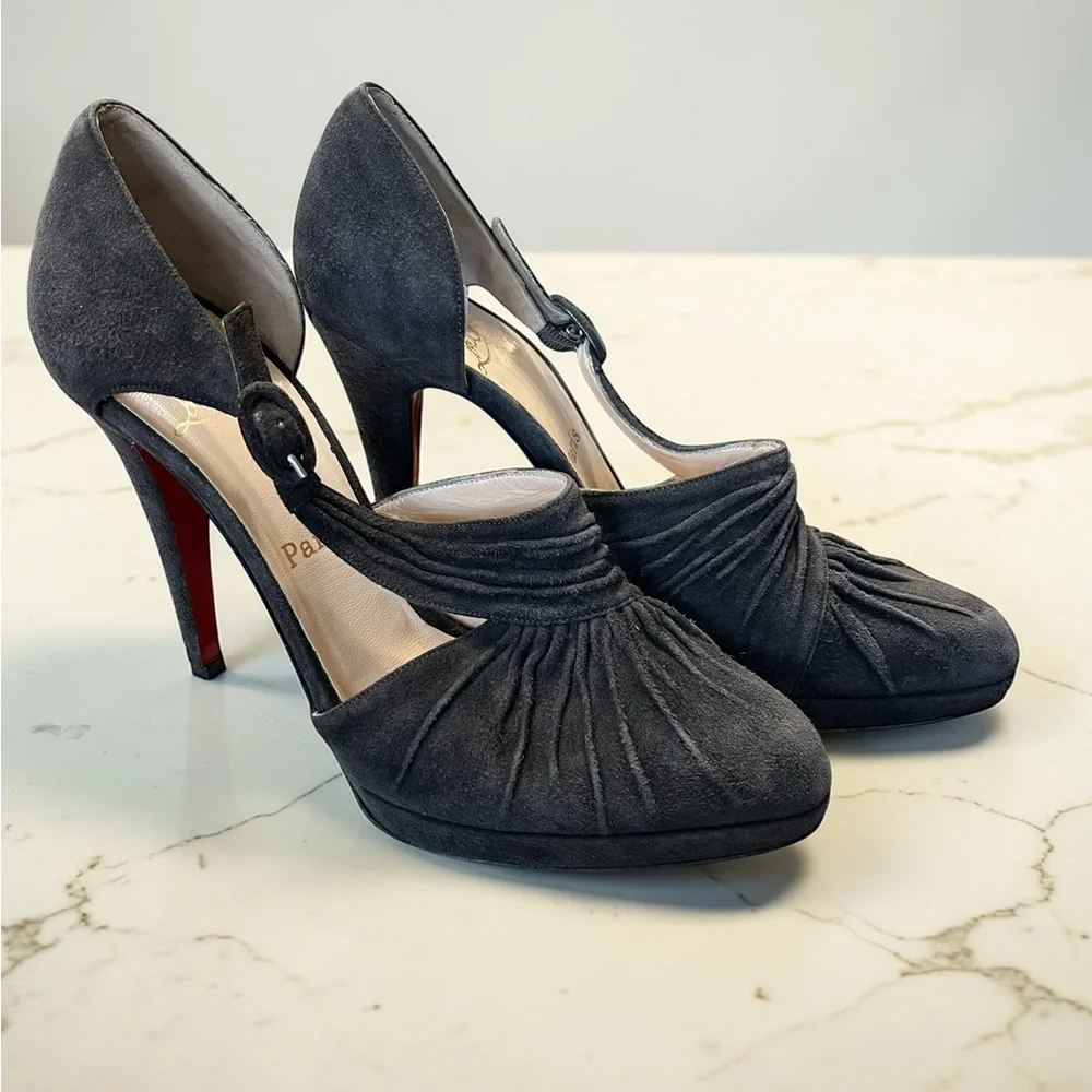 Christian Louboutin Black Suede Ruched T-Strap Pumps